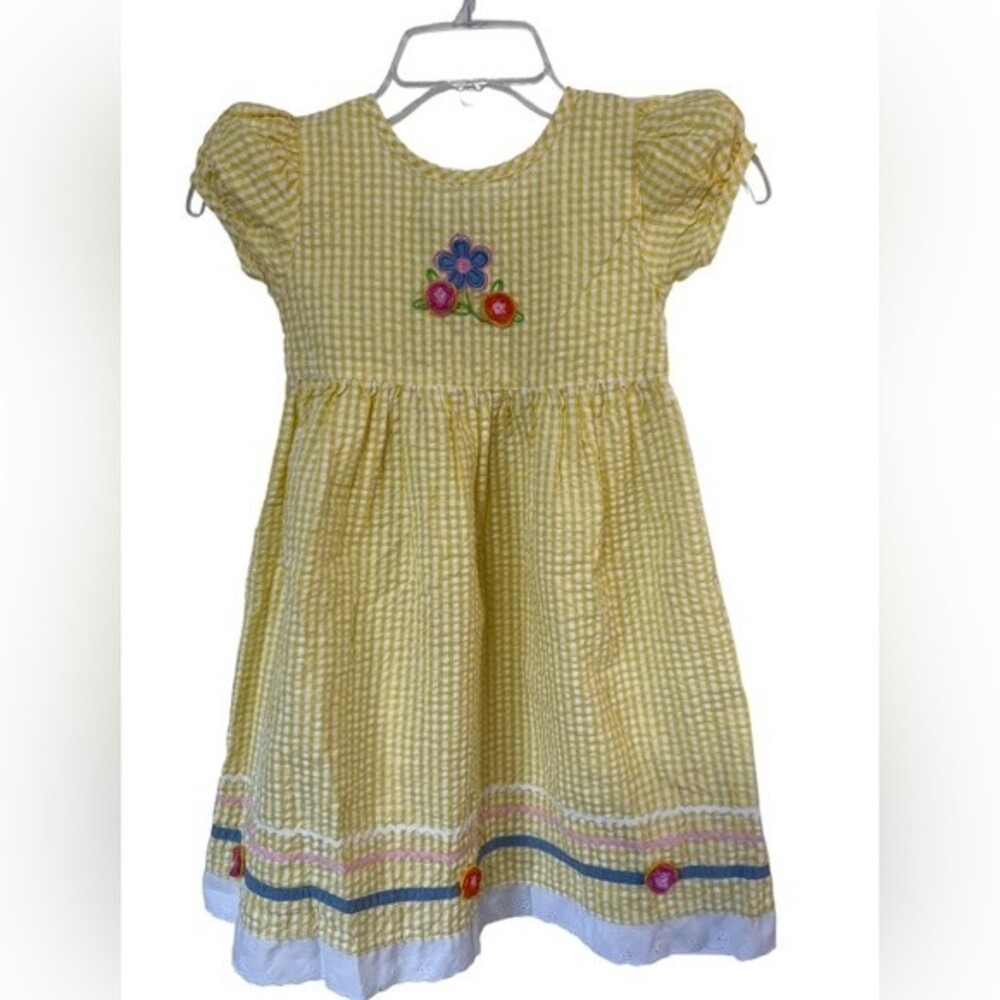 Buster Brown Gingham Dress with Embroidered Flowers and Puff Sleeves.  Size 5